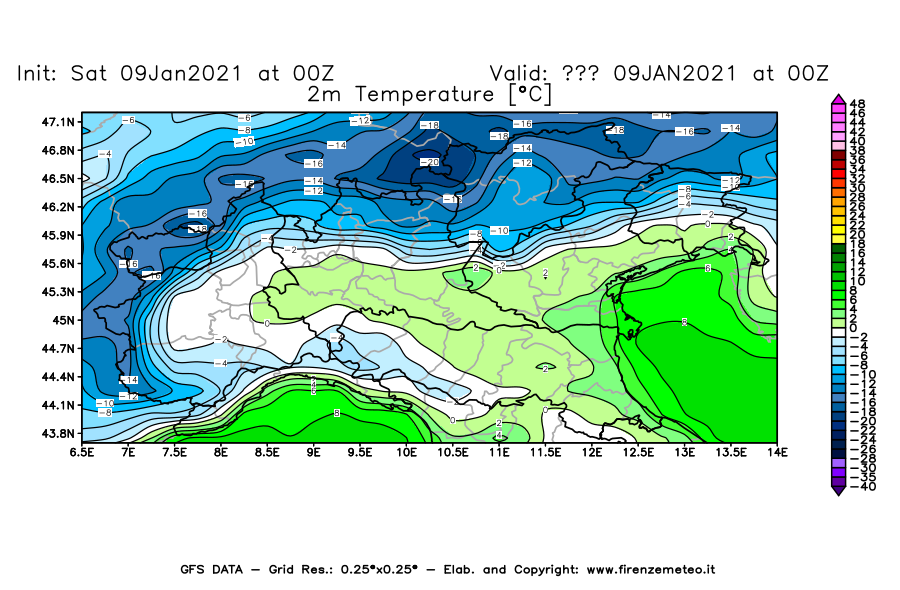 Mappa di analisi GFS - Temperatura a 2 metri dal suolo [°C] in Nord-Italia
							del 09/01/2021 00 <!--googleoff: index-->UTC<!--googleon: index-->