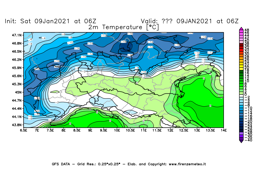Mappa di analisi GFS - Temperatura a 2 metri dal suolo [°C] in Nord-Italia
							del 09/01/2021 06 <!--googleoff: index-->UTC<!--googleon: index-->
