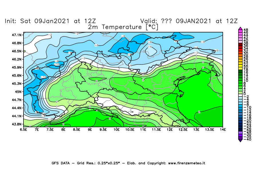 Mappa di analisi GFS - Temperatura a 2 metri dal suolo [°C] in Nord-Italia
							del 09/01/2021 12 <!--googleoff: index-->UTC<!--googleon: index-->