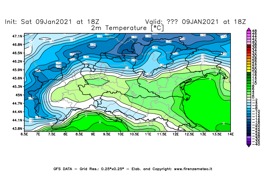 Mappa di analisi GFS - Temperatura a 2 metri dal suolo [°C] in Nord-Italia
							del 09/01/2021 18 <!--googleoff: index-->UTC<!--googleon: index-->