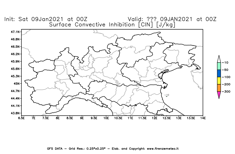 Mappa di analisi GFS - CIN [J/kg] in Nord-Italia
							del 09/01/2021 00 <!--googleoff: index-->UTC<!--googleon: index-->
