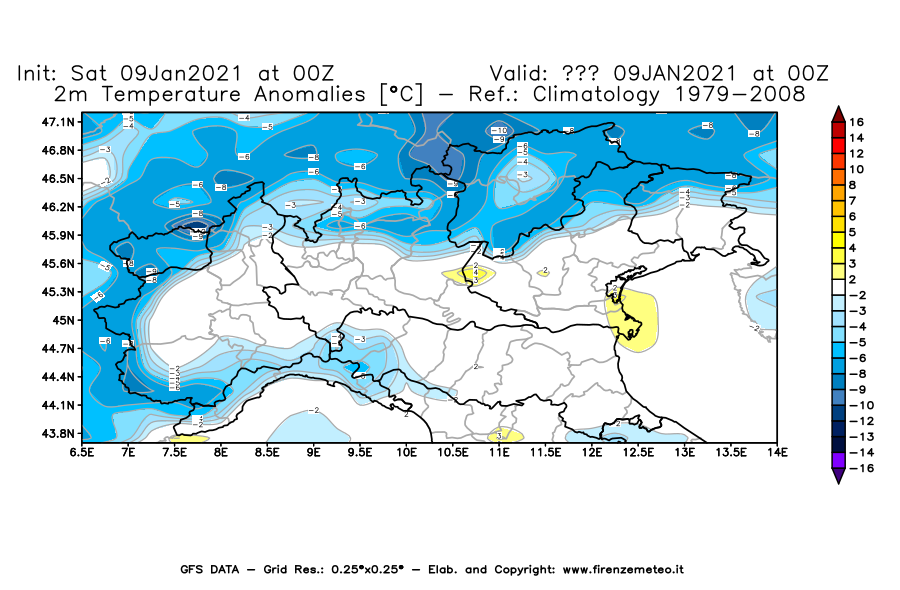 Mappa di analisi GFS - Anomalia Temperatura [°C] a 2 m in Nord-Italia
							del 09/01/2021 00 <!--googleoff: index-->UTC<!--googleon: index-->