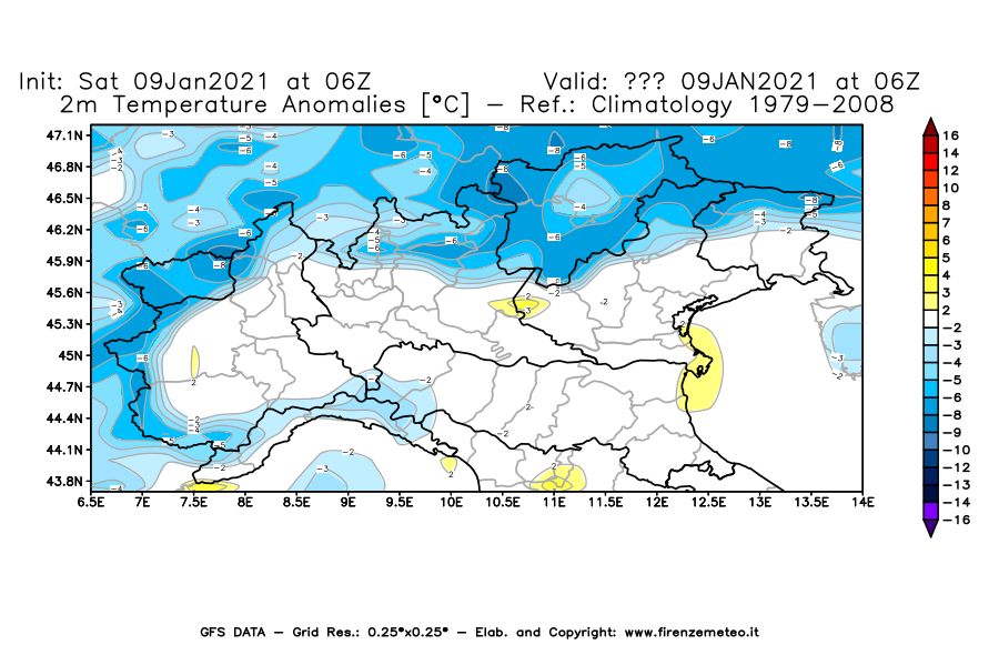 Mappa di analisi GFS - Anomalia Temperatura [°C] a 2 m in Nord-Italia
							del 09/01/2021 06 <!--googleoff: index-->UTC<!--googleon: index-->