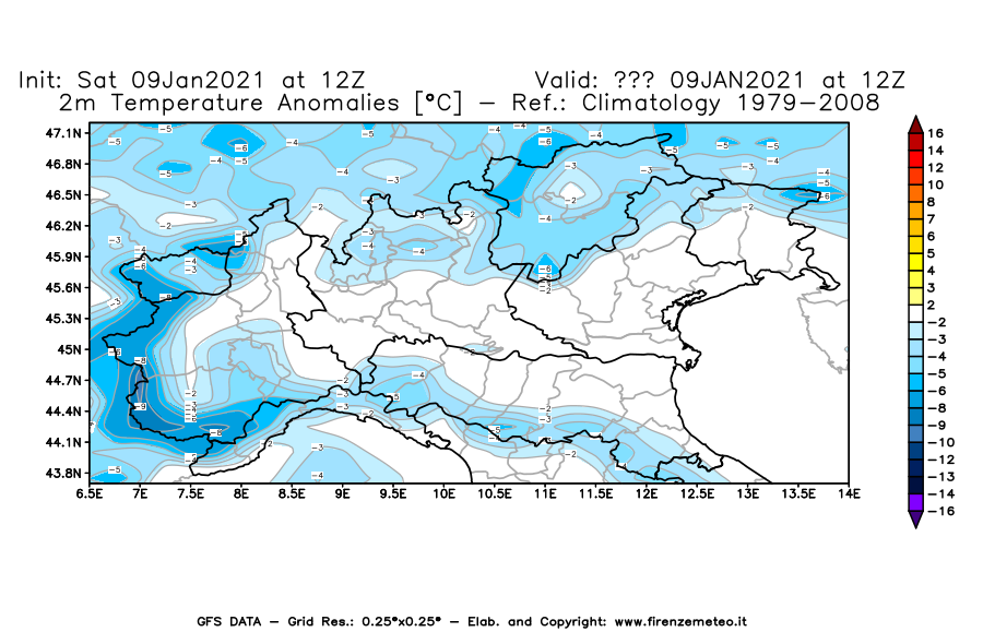Mappa di analisi GFS - Anomalia Temperatura [°C] a 2 m in Nord-Italia
							del 09/01/2021 12 <!--googleoff: index-->UTC<!--googleon: index-->
