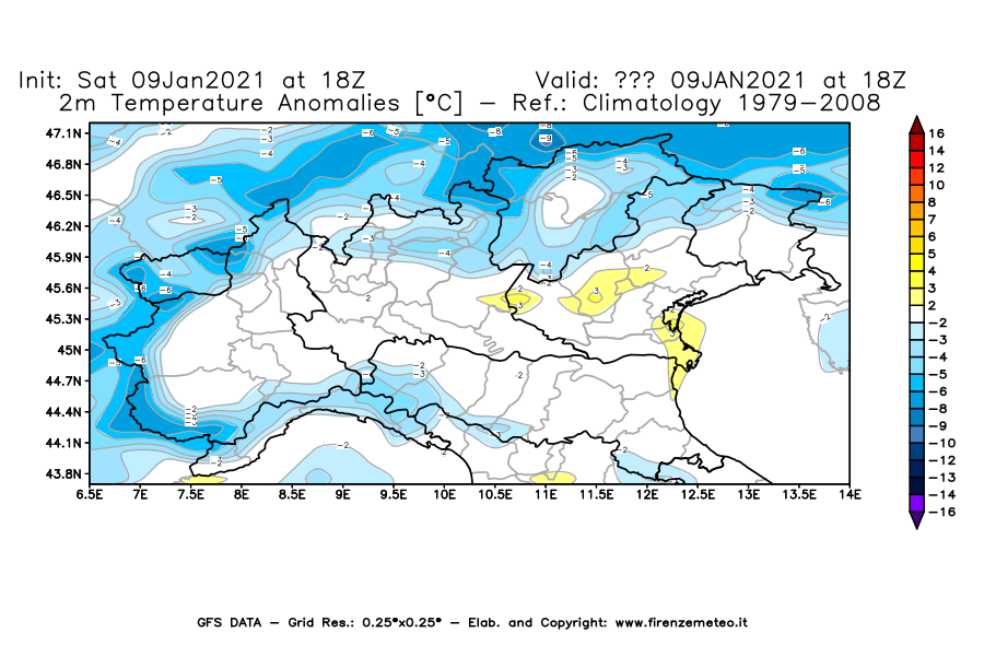 Mappa di analisi GFS - Anomalia Temperatura [°C] a 2 m in Nord-Italia
							del 09/01/2021 18 <!--googleoff: index-->UTC<!--googleon: index-->