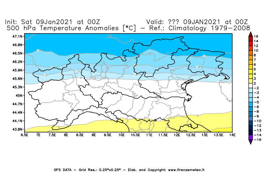 Mappa di analisi GFS - Anomalia Temperatura [°C] a 500 hPa in Nord-Italia
							del 09/01/2021 00 <!--googleoff: index-->UTC<!--googleon: index-->