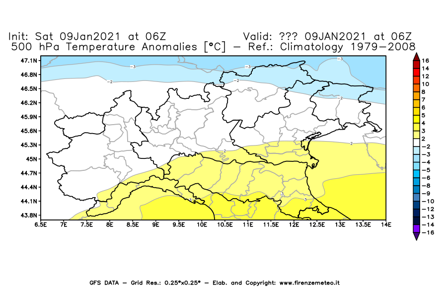 Mappa di analisi GFS - Anomalia Temperatura [°C] a 500 hPa in Nord-Italia
							del 09/01/2021 06 <!--googleoff: index-->UTC<!--googleon: index-->