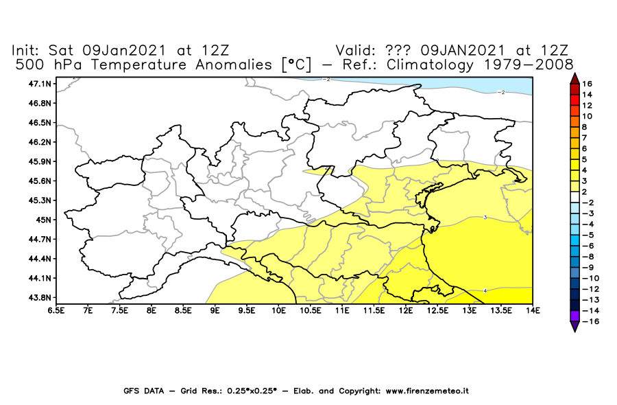 Mappa di analisi GFS - Anomalia Temperatura [°C] a 500 hPa in Nord-Italia
							del 09/01/2021 12 <!--googleoff: index-->UTC<!--googleon: index-->