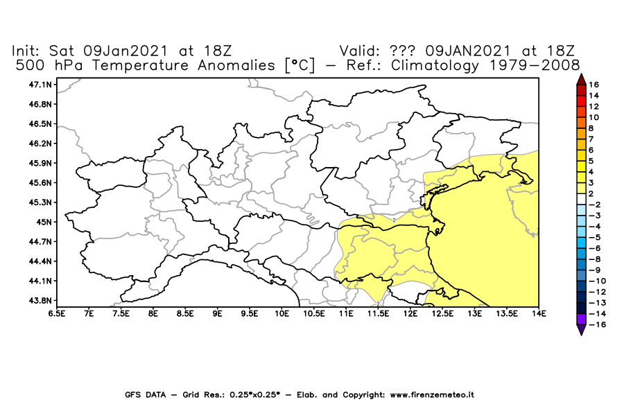 Mappa di analisi GFS - Anomalia Temperatura [°C] a 500 hPa in Nord-Italia
							del 09/01/2021 18 <!--googleoff: index-->UTC<!--googleon: index-->