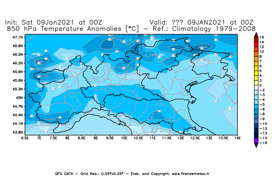 Mappa di analisi GFS - Anomalia Temperatura [°C] a 850 hPa in Nord-Italia
							del 09/01/2021 00 <!--googleoff: index-->UTC<!--googleon: index-->