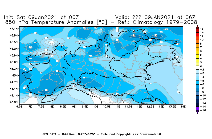 Mappa di analisi GFS - Anomalia Temperatura [°C] a 850 hPa in Nord-Italia
							del 09/01/2021 06 <!--googleoff: index-->UTC<!--googleon: index-->