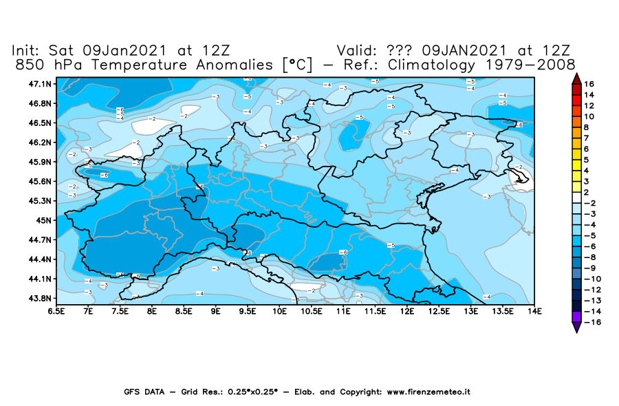 Mappa di analisi GFS - Anomalia Temperatura [°C] a 850 hPa in Nord-Italia
							del 09/01/2021 12 <!--googleoff: index-->UTC<!--googleon: index-->