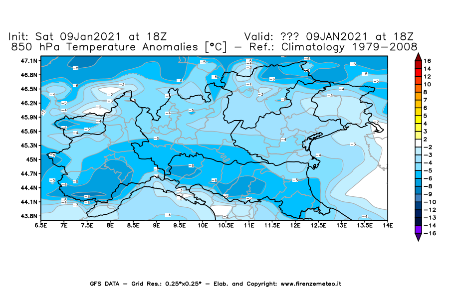 Mappa di analisi GFS - Anomalia Temperatura [°C] a 850 hPa in Nord-Italia
							del 09/01/2021 18 <!--googleoff: index-->UTC<!--googleon: index-->