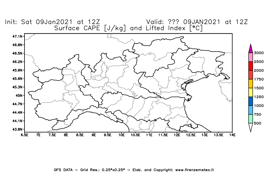 Mappa di analisi GFS - CAPE [J/kg] e Lifted Index [°C] in Nord-Italia
							del 09/01/2021 12 <!--googleoff: index-->UTC<!--googleon: index-->