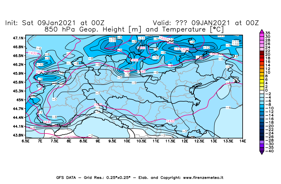 Mappa di analisi GFS - Geopotenziale [m] e Temperatura [°C] a 850 hPa in Nord-Italia
							del 09/01/2021 00 <!--googleoff: index-->UTC<!--googleon: index-->