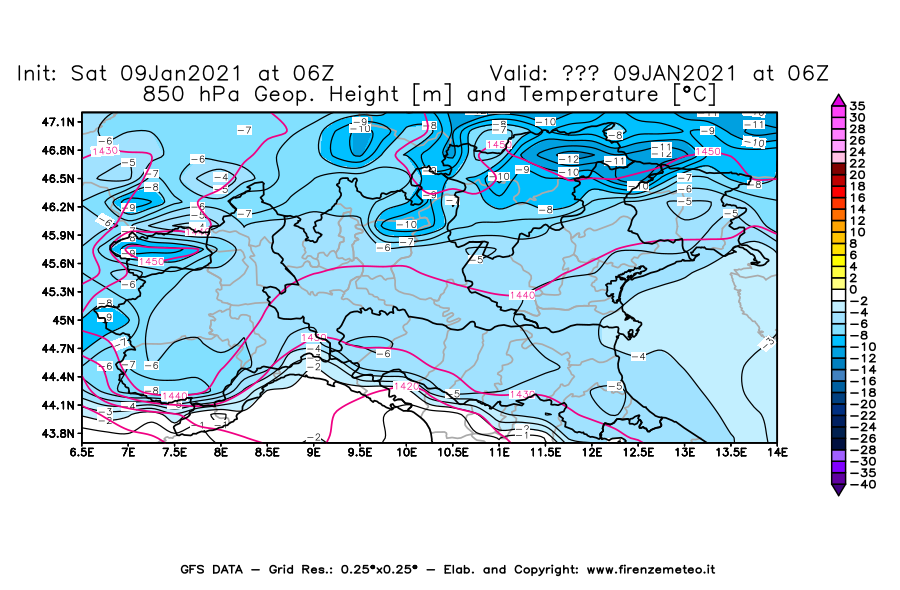 Mappa di analisi GFS - Geopotenziale [m] e Temperatura [°C] a 850 hPa in Nord-Italia
							del 09/01/2021 06 <!--googleoff: index-->UTC<!--googleon: index-->