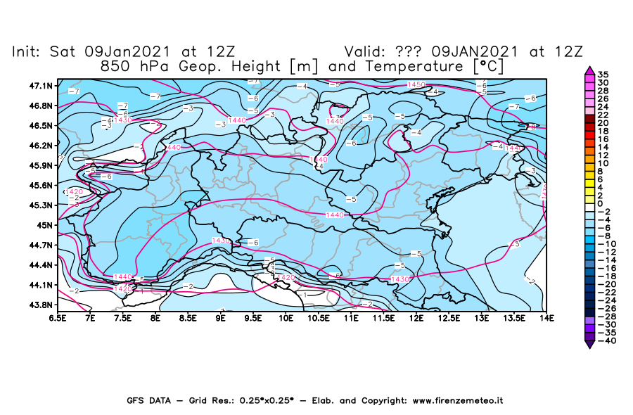 Mappa di analisi GFS - Geopotenziale [m] e Temperatura [°C] a 850 hPa in Nord-Italia
							del 09/01/2021 12 <!--googleoff: index-->UTC<!--googleon: index-->