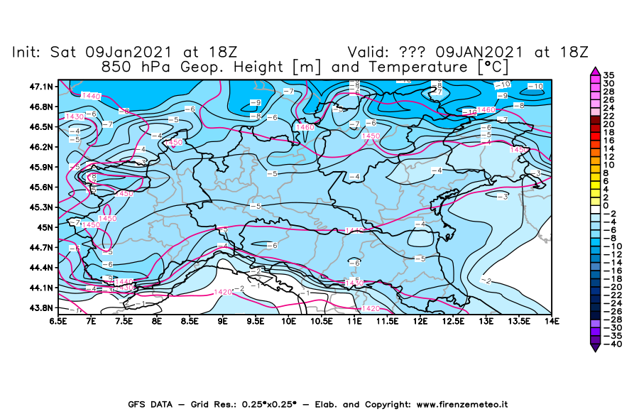 Mappa di analisi GFS - Geopotenziale [m] e Temperatura [°C] a 850 hPa in Nord-Italia
							del 09/01/2021 18 <!--googleoff: index-->UTC<!--googleon: index-->