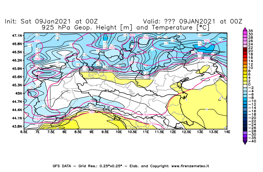 Mappa di analisi GFS - Geopotenziale [m] e Temperatura [°C] a 925 hPa in Nord-Italia
							del 09/01/2021 00 <!--googleoff: index-->UTC<!--googleon: index-->