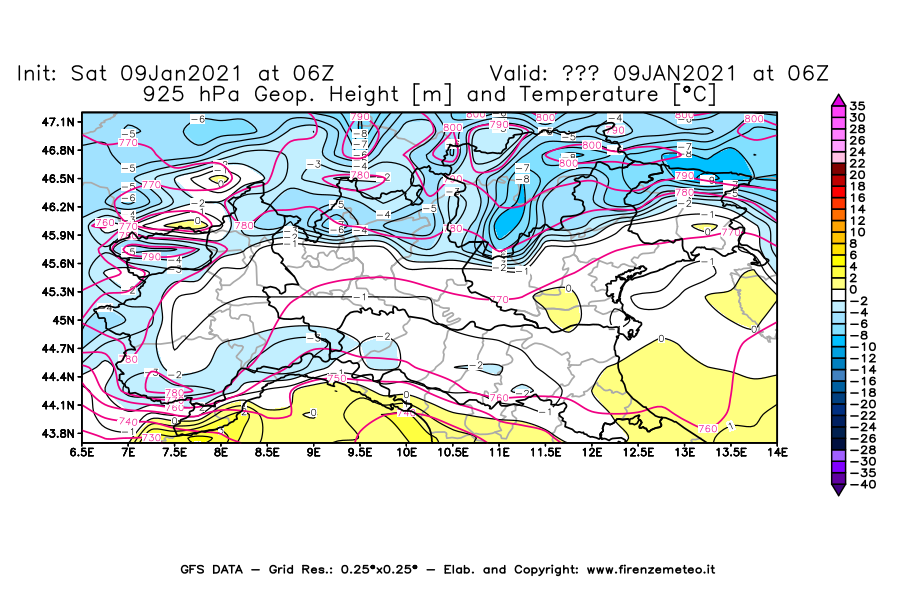 Mappa di analisi GFS - Geopotenziale [m] e Temperatura [°C] a 925 hPa in Nord-Italia
							del 09/01/2021 06 <!--googleoff: index-->UTC<!--googleon: index-->