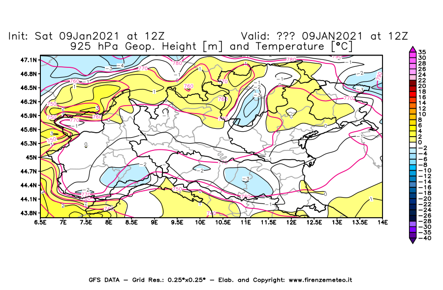 Mappa di analisi GFS - Geopotenziale [m] e Temperatura [°C] a 925 hPa in Nord-Italia
							del 09/01/2021 12 <!--googleoff: index-->UTC<!--googleon: index-->