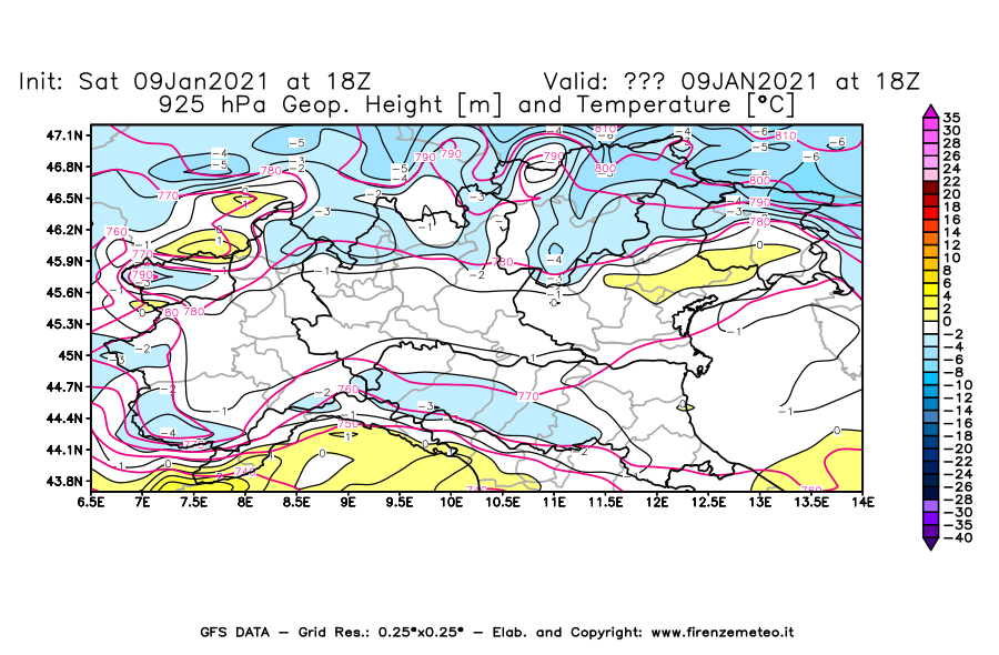 Mappa di analisi GFS - Geopotenziale [m] e Temperatura [°C] a 925 hPa in Nord-Italia
							del 09/01/2021 18 <!--googleoff: index-->UTC<!--googleon: index-->