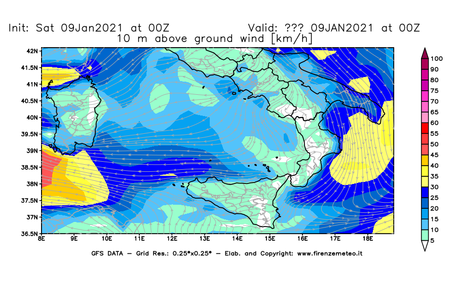 Mappa di analisi GFS - Velocità del vento a 10 metri dal suolo [km/h] in Sud-Italia
							del 09/01/2021 00 <!--googleoff: index-->UTC<!--googleon: index-->