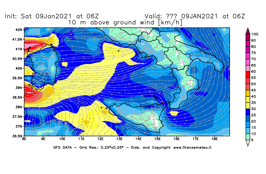 Mappa di analisi GFS - Velocità del vento a 10 metri dal suolo [km/h] in Sud-Italia
							del 09/01/2021 06 <!--googleoff: index-->UTC<!--googleon: index-->