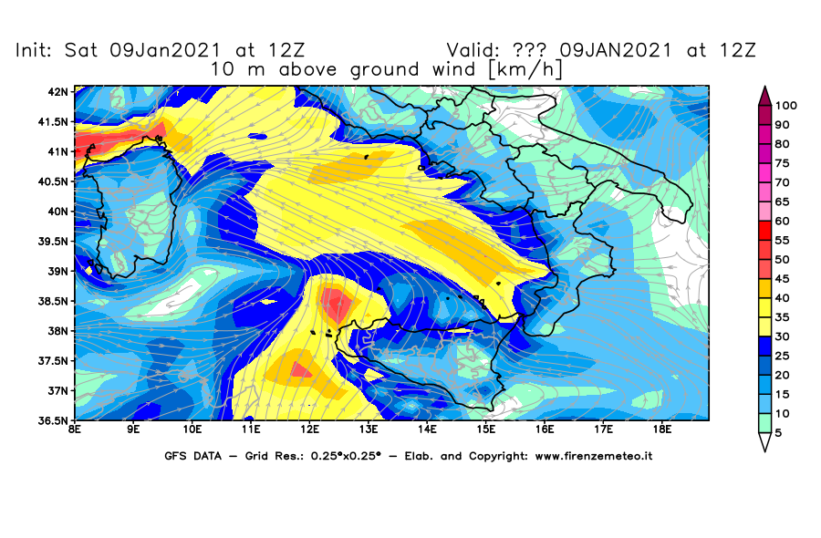 Mappa di analisi GFS - Velocità del vento a 10 metri dal suolo [km/h] in Sud-Italia
							del 09/01/2021 12 <!--googleoff: index-->UTC<!--googleon: index-->
