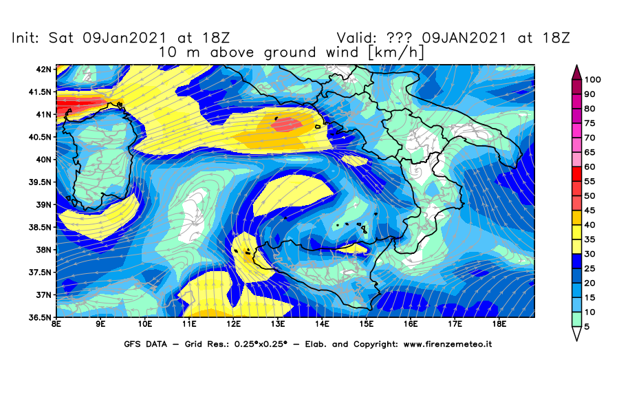 Mappa di analisi GFS - Velocità del vento a 10 metri dal suolo [km/h] in Sud-Italia
							del 09/01/2021 18 <!--googleoff: index-->UTC<!--googleon: index-->