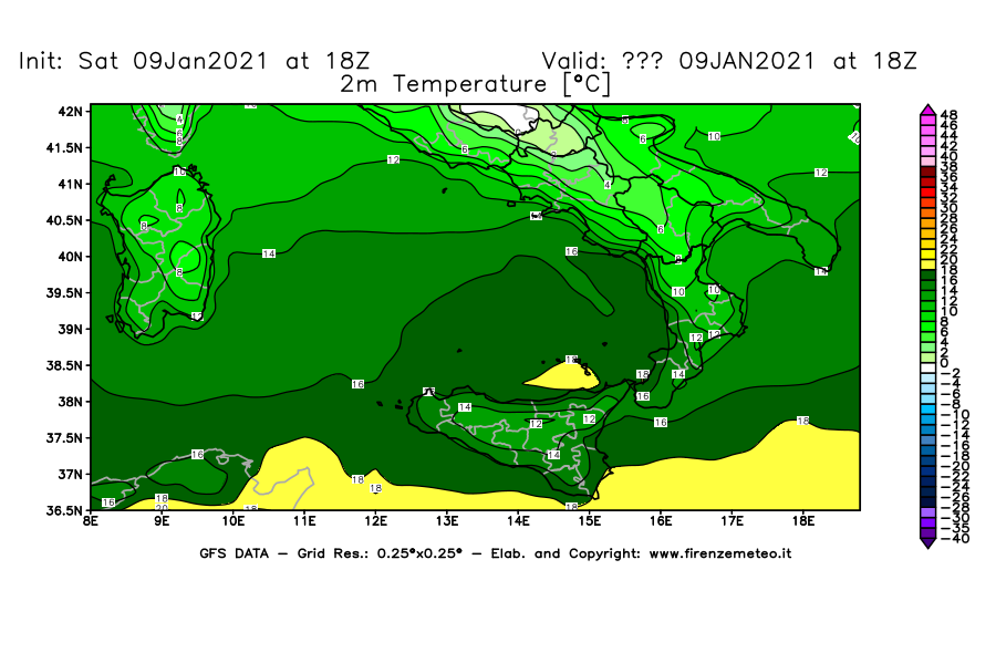 Mappa di analisi GFS - Temperatura a 2 metri dal suolo [°C] in Sud-Italia
							del 09/01/2021 18 <!--googleoff: index-->UTC<!--googleon: index-->