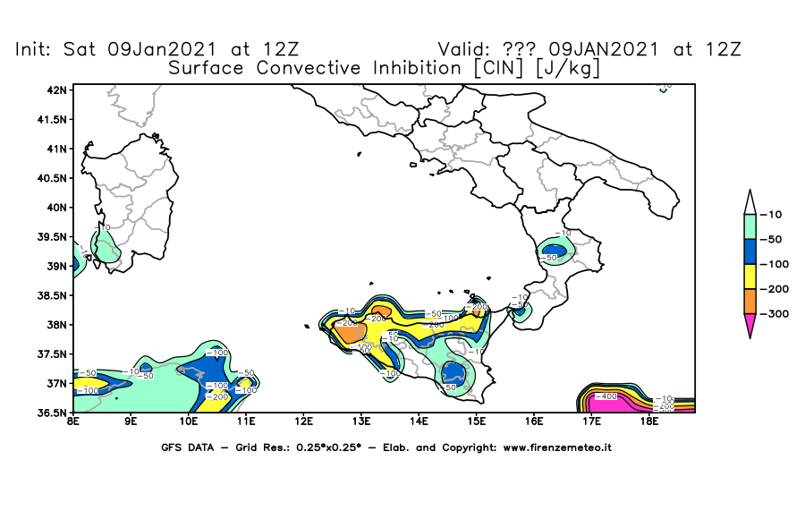 Mappa di analisi GFS - CIN [J/kg] in Sud-Italia
							del 09/01/2021 12 <!--googleoff: index-->UTC<!--googleon: index-->