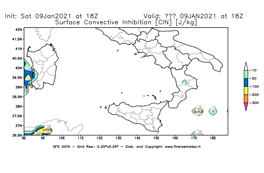 Mappa di analisi GFS - CIN [J/kg] in Sud-Italia
							del 09/01/2021 18 <!--googleoff: index-->UTC<!--googleon: index-->