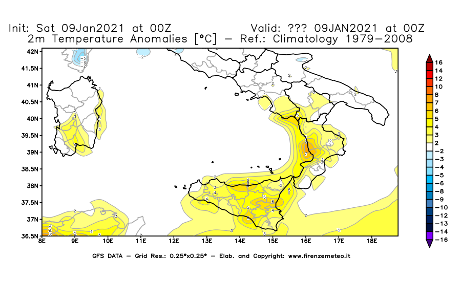 Mappa di analisi GFS - Anomalia Temperatura [°C] a 2 m in Sud-Italia
							del 09/01/2021 00 <!--googleoff: index-->UTC<!--googleon: index-->