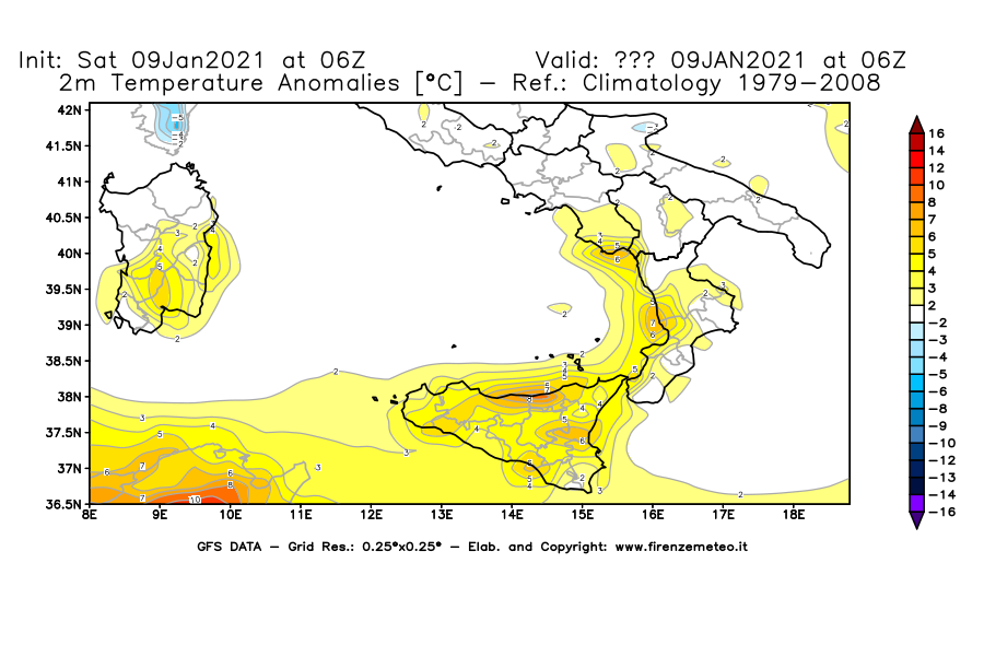 Mappa di analisi GFS - Anomalia Temperatura [°C] a 2 m in Sud-Italia
							del 09/01/2021 06 <!--googleoff: index-->UTC<!--googleon: index-->