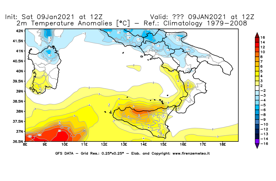 Mappa di analisi GFS - Anomalia Temperatura [°C] a 2 m in Sud-Italia
							del 09/01/2021 12 <!--googleoff: index-->UTC<!--googleon: index-->
