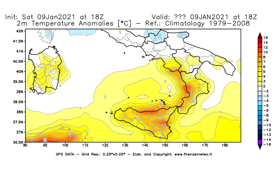 Mappa di analisi GFS - Anomalia Temperatura [°C] a 2 m in Sud-Italia
							del 09/01/2021 18 <!--googleoff: index-->UTC<!--googleon: index-->