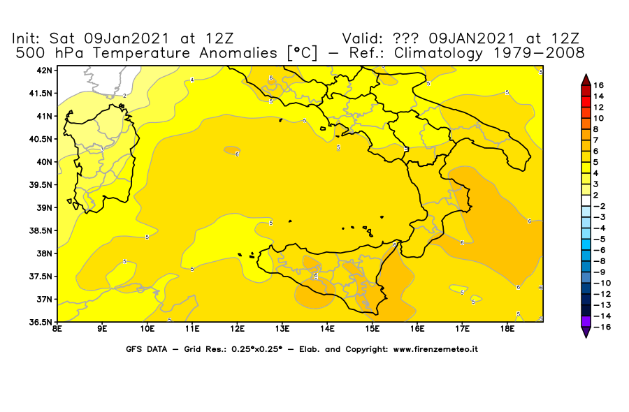 Mappa di analisi GFS - Anomalia Temperatura [°C] a 500 hPa in Sud-Italia
							del 09/01/2021 12 <!--googleoff: index-->UTC<!--googleon: index-->