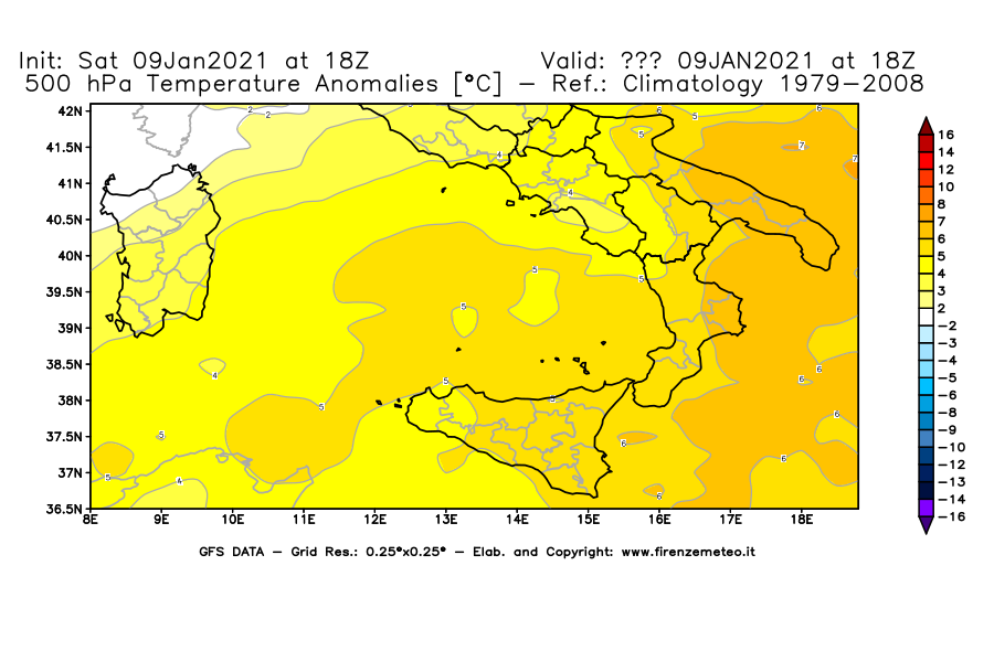 Mappa di analisi GFS - Anomalia Temperatura [°C] a 500 hPa in Sud-Italia
							del 09/01/2021 18 <!--googleoff: index-->UTC<!--googleon: index-->