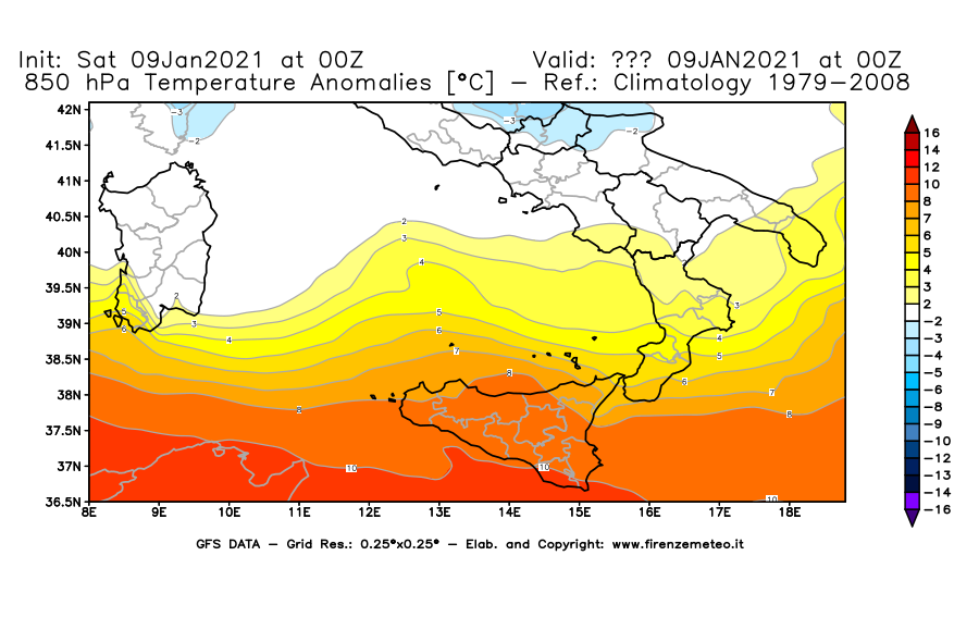 Mappa di analisi GFS - Anomalia Temperatura [°C] a 850 hPa in Sud-Italia
							del 09/01/2021 00 <!--googleoff: index-->UTC<!--googleon: index-->