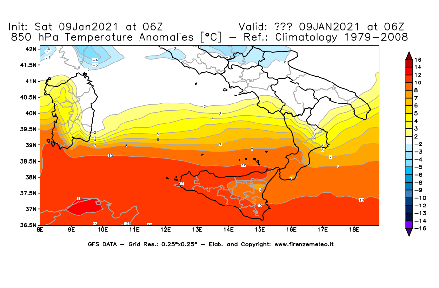 Mappa di analisi GFS - Anomalia Temperatura [°C] a 850 hPa in Sud-Italia
							del 09/01/2021 06 <!--googleoff: index-->UTC<!--googleon: index-->