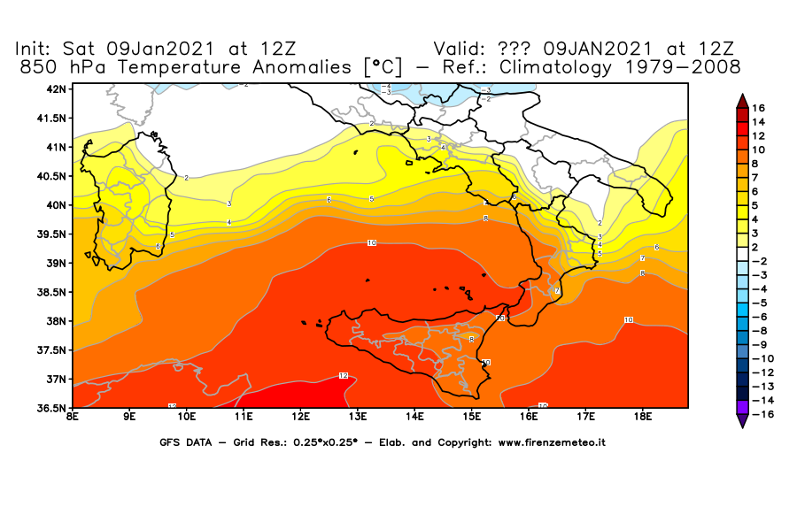 Mappa di analisi GFS - Anomalia Temperatura [°C] a 850 hPa in Sud-Italia
							del 09/01/2021 12 <!--googleoff: index-->UTC<!--googleon: index-->