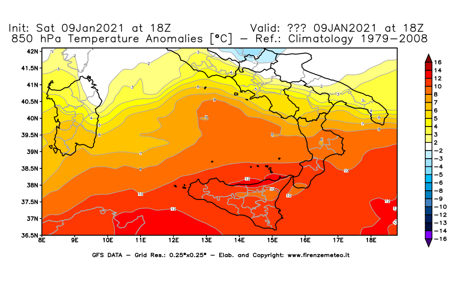 Mappa di analisi GFS - Anomalia Temperatura [°C] a 850 hPa in Sud-Italia
							del 09/01/2021 18 <!--googleoff: index-->UTC<!--googleon: index-->