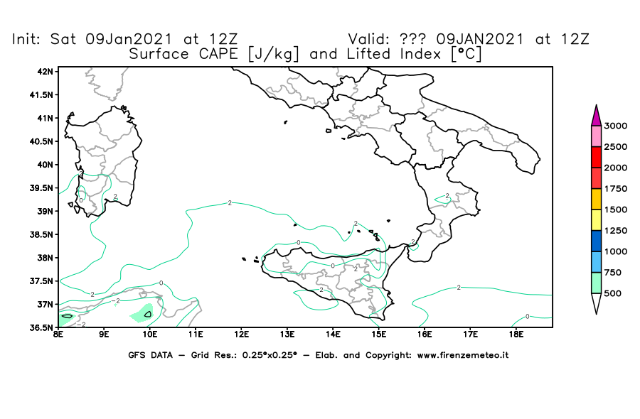 Mappa di analisi GFS - CAPE [J/kg] e Lifted Index [°C] in Sud-Italia
							del 09/01/2021 12 <!--googleoff: index-->UTC<!--googleon: index-->