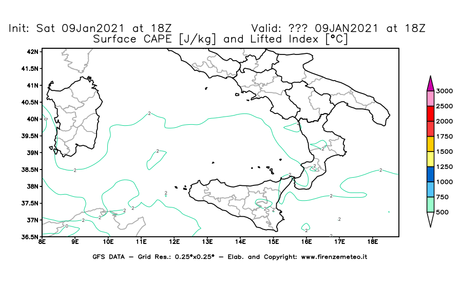 Mappa di analisi GFS - CAPE [J/kg] e Lifted Index [°C] in Sud-Italia
							del 09/01/2021 18 <!--googleoff: index-->UTC<!--googleon: index-->