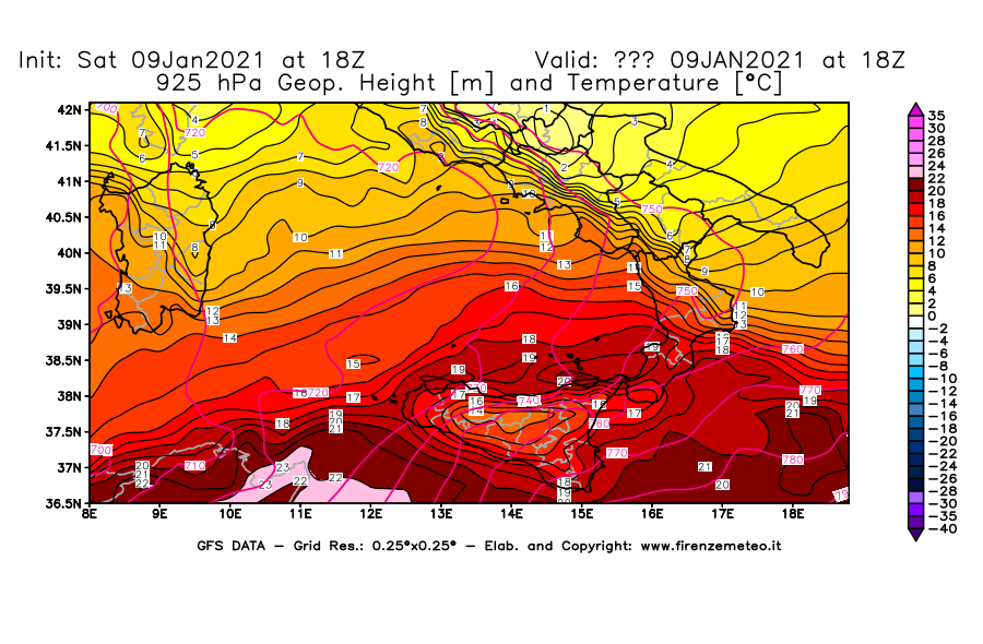 Mappa di analisi GFS - Geopotenziale [m] e Temperatura [°C] a 925 hPa in Sud-Italia
							del 09/01/2021 18 <!--googleoff: index-->UTC<!--googleon: index-->