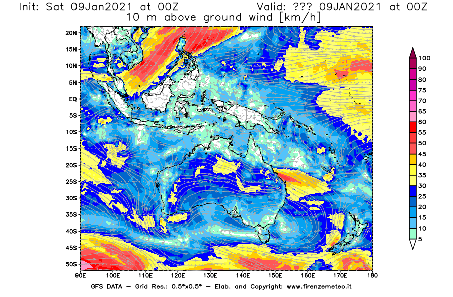 Mappa di analisi GFS - Velocità del vento a 10 metri dal suolo [km/h] in Oceania
							del 09/01/2021 00 <!--googleoff: index-->UTC<!--googleon: index-->
