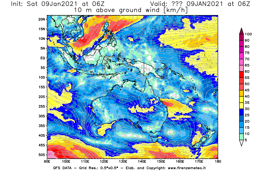 Mappa di analisi GFS - Velocità del vento a 10 metri dal suolo [km/h] in Oceania
							del 09/01/2021 06 <!--googleoff: index-->UTC<!--googleon: index-->