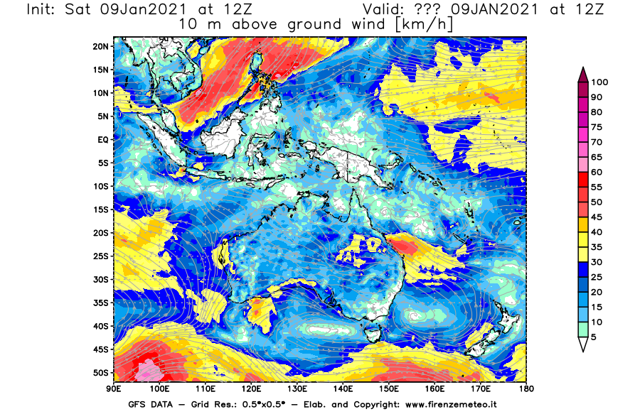 Mappa di analisi GFS - Velocità del vento a 10 metri dal suolo [km/h] in Oceania
							del 09/01/2021 12 <!--googleoff: index-->UTC<!--googleon: index-->