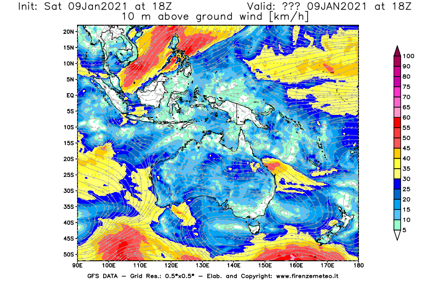 Mappa di analisi GFS - Velocità del vento a 10 metri dal suolo [km/h] in Oceania
							del 09/01/2021 18 <!--googleoff: index-->UTC<!--googleon: index-->